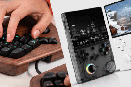 Ergonomic wooden keyboard and Game Boy-style handheld
