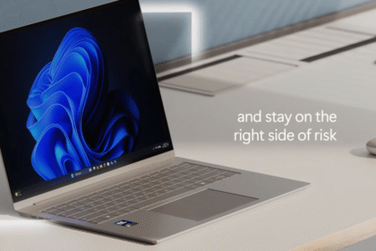 Windows 11 laptop ad. Text: "and stay on the right side of risk"